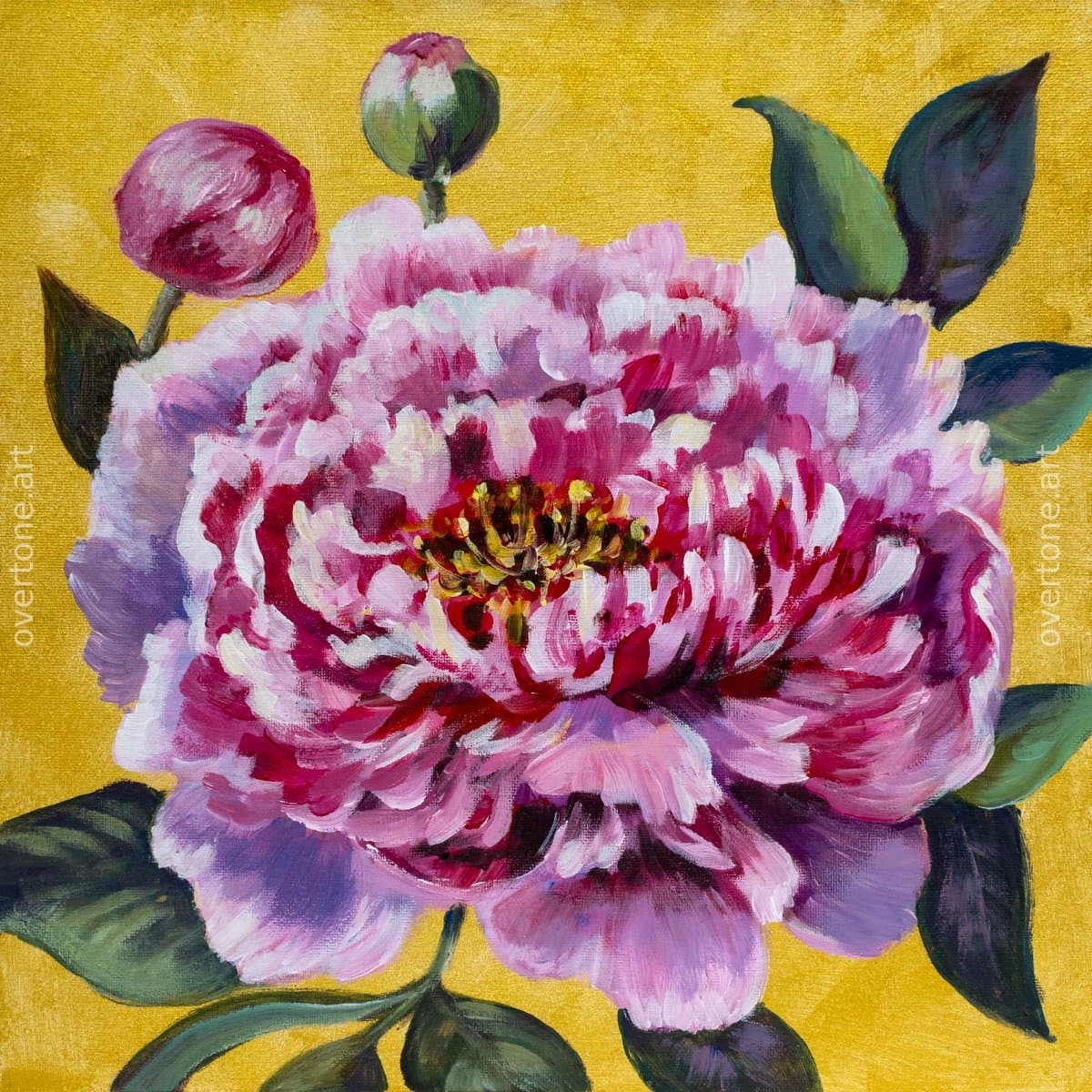 Acrylic painting of a large pink-and-purple peony with green leaves and two buds against a gold background.