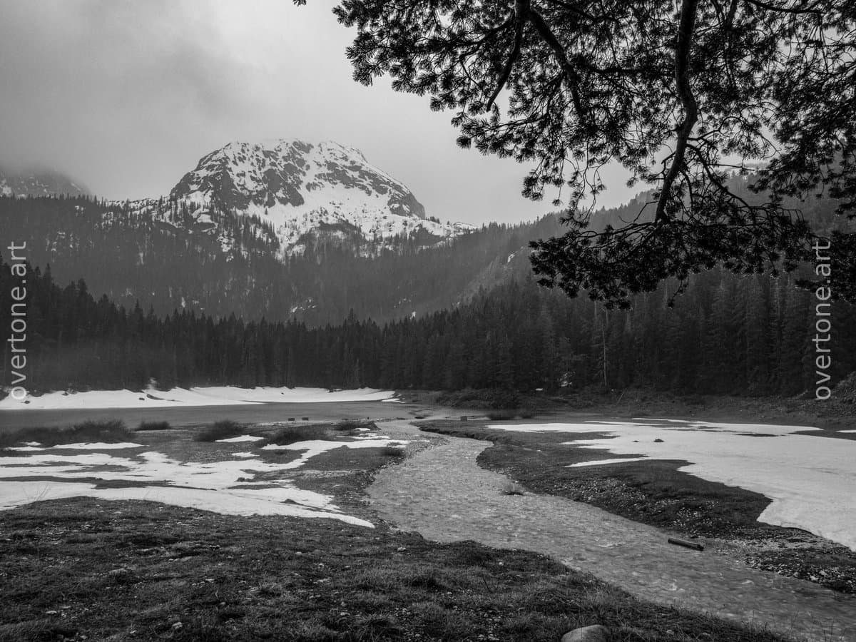 Black-and-white landscape photograph of winding meltwater channels leading toward snow-covered mountains at Black Lake in Durmitor National Park, Montenegro.