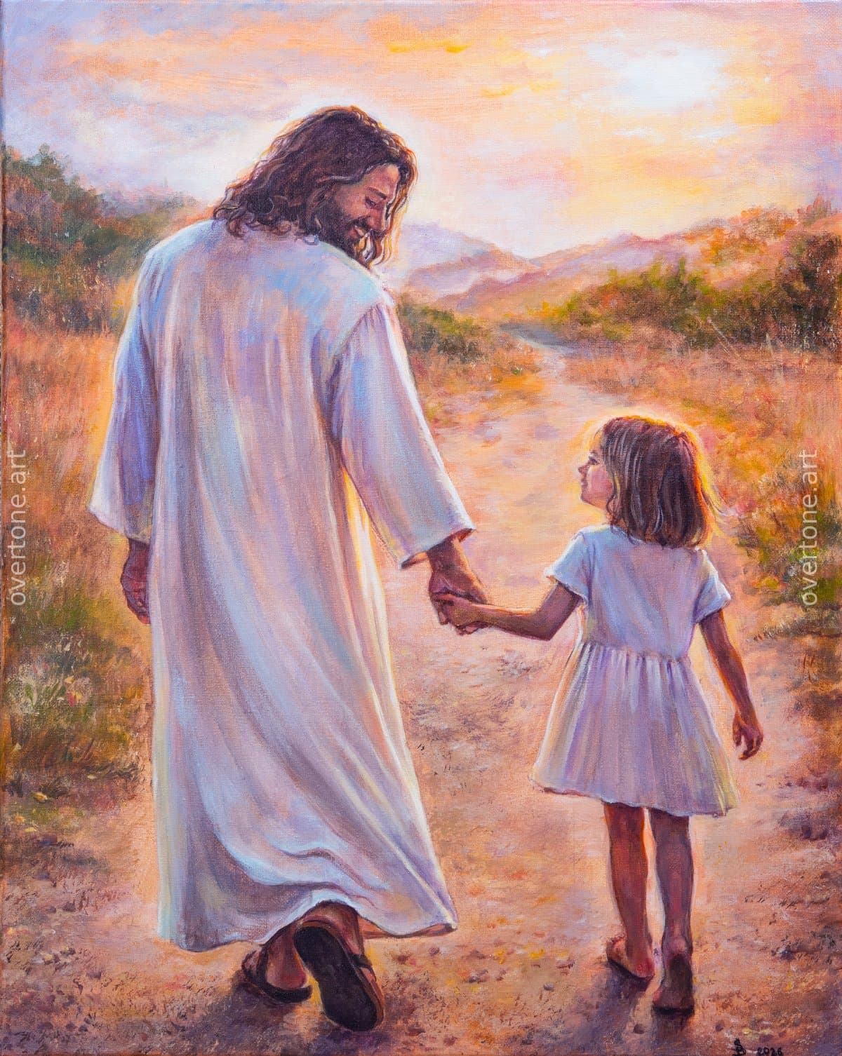 Acrylic painting of Jesus holding a young girl’s hand as they walk along a sunlit country path at sunset.