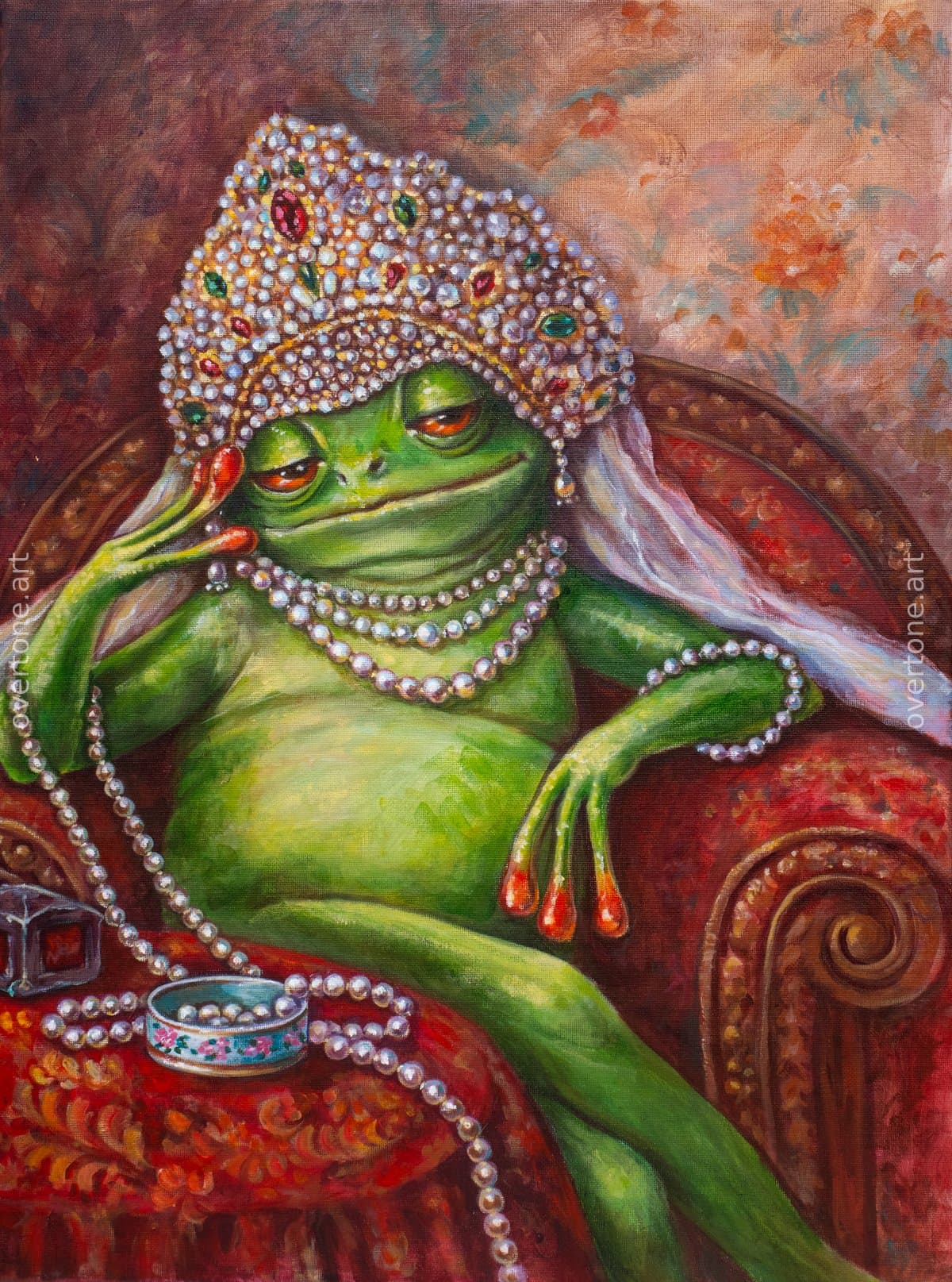 Acrylic painting of an anthropomorphic green frog wearing a jeweled kokoshnik and pearls while seated in a red armchair.