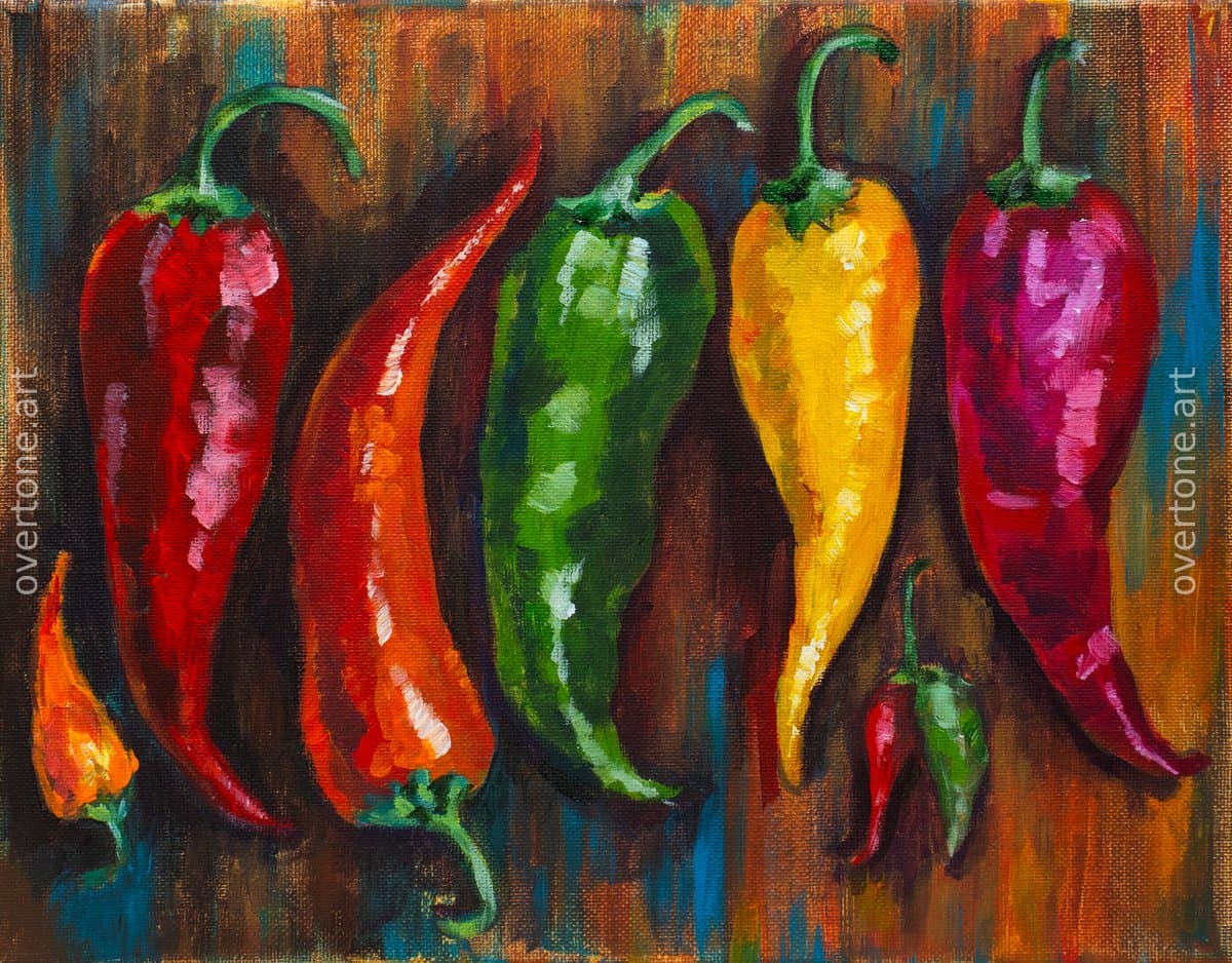 Acrylic still life painting of red, orange, green, yellow, and purple peppers against a dark brown background.