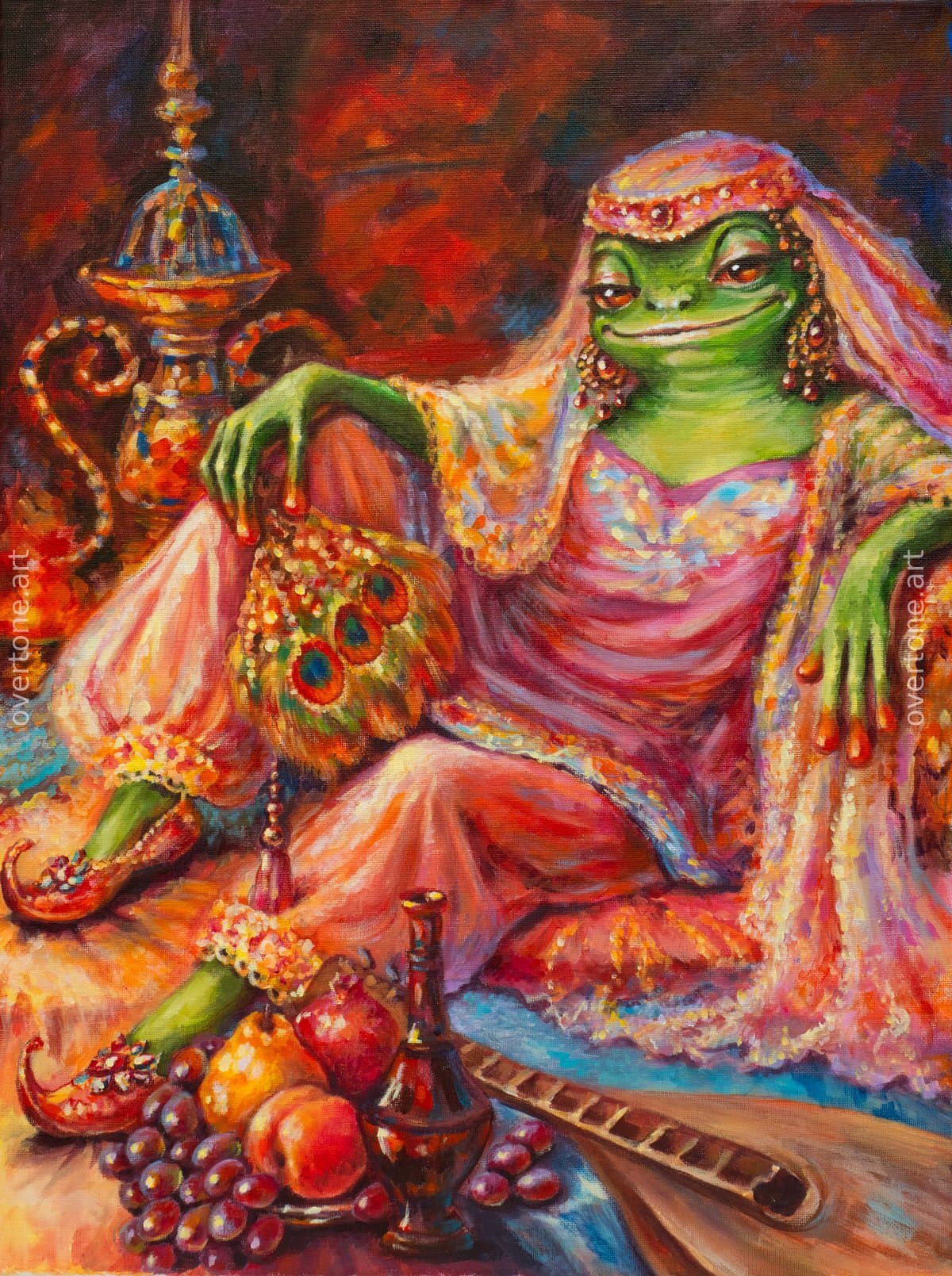Acrylic painting of an anthropomorphic green frog dressed in colorful Eastern-inspired clothing and reclining beside fruit and an ornate vessel. - Frog Stories
