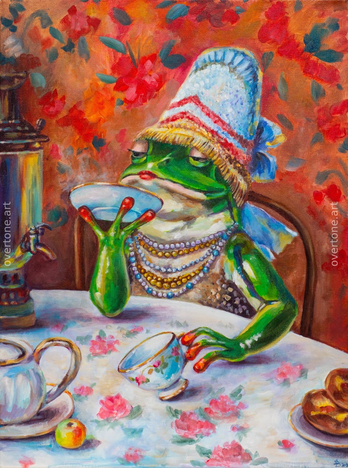 Acrylic painting of an anthropomorphic green frog wearing pearls and a tall headdress while drinking tea beside a samovar and pastries. - Frog Stories